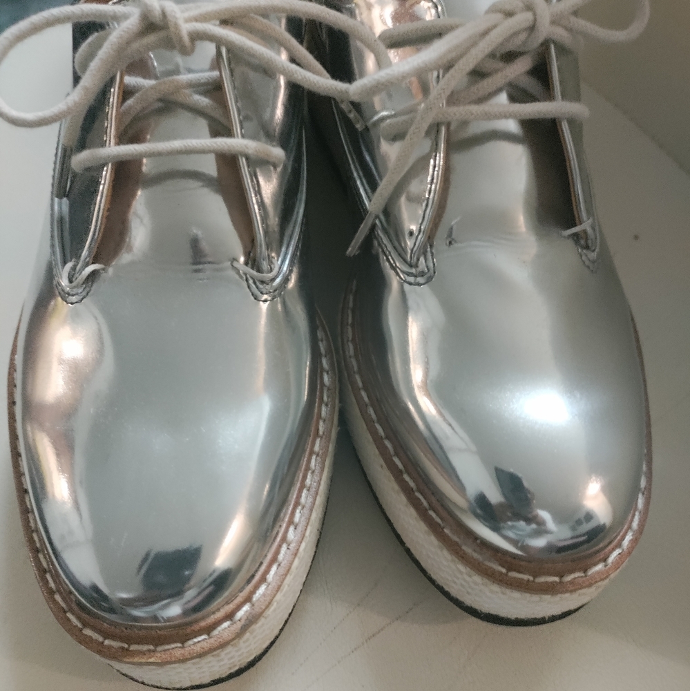 ZARA Silver Metallic Mirror Platform Lace Up Oxford Derby Shoe Size 37 (6.5)